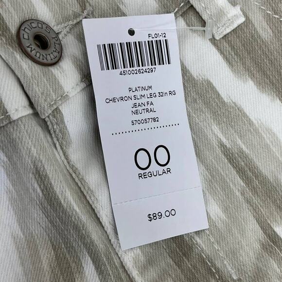 NWT Chico's Platinum Denim Tan Cream Chevron Slim Leg Pants Womens 2 - Picture 2 of 4